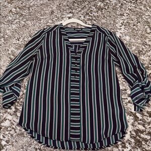 Express Navy, White & Teal Vertical Stripe V-Neck Blouse